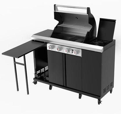 Flintex 4-Burner Propane Gas Kitchen Grill Island with Side Burner,44,000 BTU Stainless Steel BBQ Outdoor Griddle Grill Combo with LPG/NG Convertible and Storage Cabinets & Fold-out Table, Black