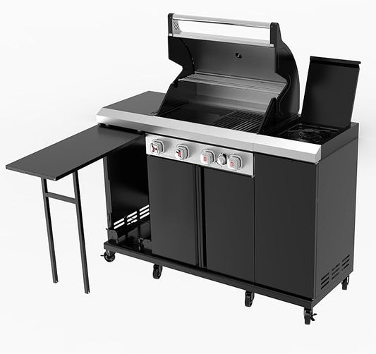 Flintex 4-Burner Propane Gas Kitchen Grill Island with Side Burner,44,000 BTU Stainless Steel BBQ Outdoor Griddle Grill Combo with LPG/NG Convertible and Storage Cabinets & Fold-out Table, Black