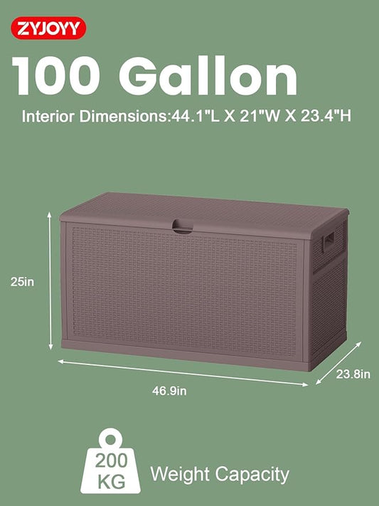 ZYJOYY 100 Gallon Waterproof Large Resin Deck Box, Indoor Outdoor Storage Box Lockabe, Outdoor Organization & Storage Deck Box with Lid for Patio Cushions, Garden Tools, UV Resistant