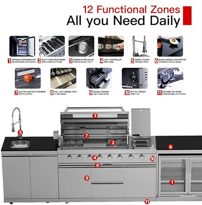BBQ Outdoor Kitchen Island Grill Barbecue Modular Patio Kitchens Kits with Electric Rotisserie, Sink, fridge, and Burner for More than 15 People