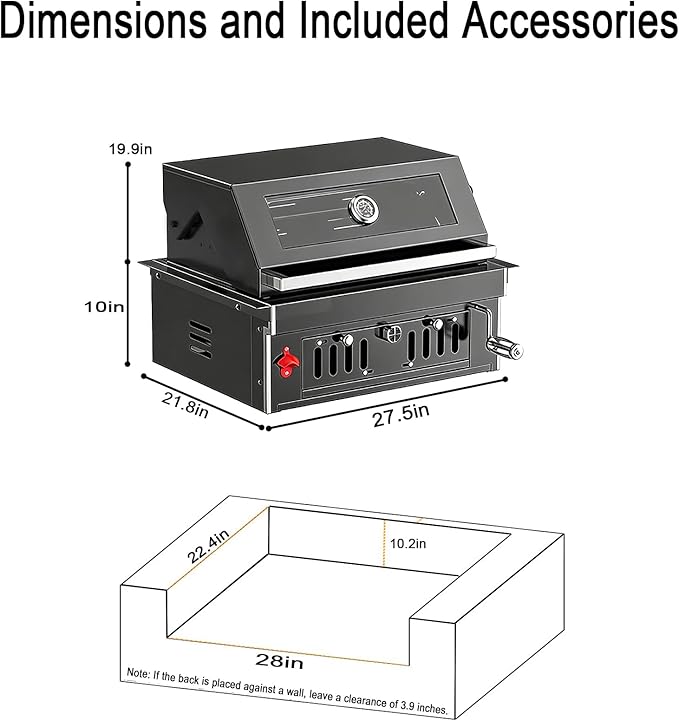 Built-In Charcoal BBQ Grill, Stainless Steel Charcoal Grills with Liftable Tray, Visible Insulated Hood &Temperature Gauge, Baking Tray &Roasting Fork,for Patio Backyard Parties Barbecue