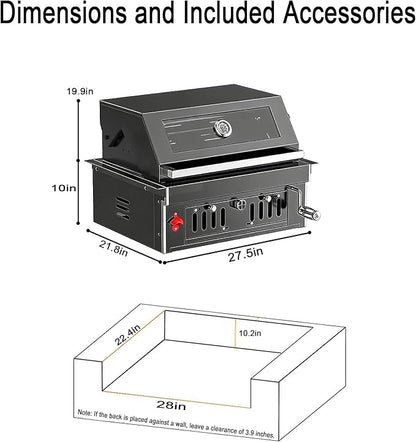 Built-In Charcoal BBQ Grill, Stainless Steel Charcoal Grills with Liftable Tray, Visible Insulated Hood &Temperature Gauge, Baking Tray &Roasting Fork,for Patio Backyard Parties Barbecue