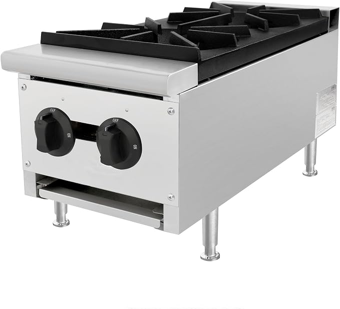 Commercial Gas Countertop Burner Stove,Natural Propane Convertible Hot Plate with Independent Controls,Standing Pilot Ignition,Cast Iron Grates,Adjustable Legs for Kitchen Food Truck (Silver,2 Burner)