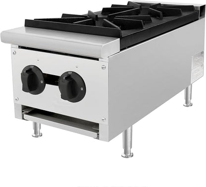 Commercial Gas Countertop Burner Stove,Natural Propane Convertible Hot Plate with Independent Controls,Standing Pilot Ignition,Cast Iron Grates,Adjustable Legs for Kitchen Food Truck (Silver,2 Burner)