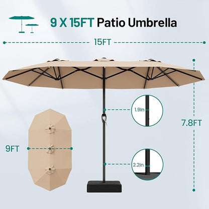 AreShark 15FT Outdoor Patio Umbrella with Crank, Large Rectangular Market Umbrella, Double-Sided Outdoor Umbrellas with Cross Base & Sandbag for Porch, Lawn, Pool, Backyard, Beige