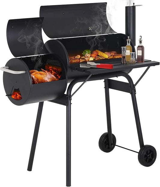 43" Barrel Charcoal Grill, Portable Grills BBQ Pit with Offset Smoker & Wheels Large Grilling Space for Outdoor Backyard, Patio and Parties, Black