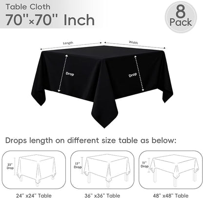 8 Pack Black Square Tablecloth 70 x 70 Inch | Wrinkle Resistant, Washable, Polyester Fabric, Square Table Cloth for Dining Party Banquet Buffet Wedding