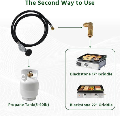 6FT Propane Adapter Hose with Regulator and Elbow Adapter, Fits Blackstone 17 inch and 22 inch Table Top Griddle, Flat Pressure Relief Valve, 3/8'' Connect Fitting
