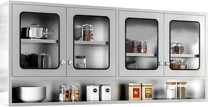 ZZV Kitchen Wall Cabinet, Stainless Steel Wall Mounted Cabinet with Adjustable Shelves, Industrial Wall Storage Cabinet for Garage, Warehouse, No Assembly Required, 11.82D x 70.87W x 27.56H in