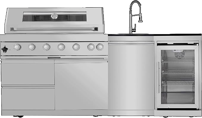 43-Inch Modular Outdoor Kitchen Grill with 6 Stainless Steel Burners 85000 BTU, Deluxe BBQ Station with Granite Countertop, Rotisserie Kit, 304 Stainless Steel Sink, Portable Refrigerator (Silver)