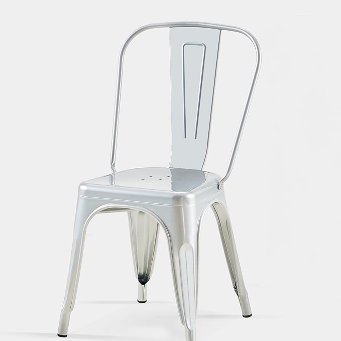 AC Pacific 18 Inch Seat Height Industrial Metal Dining Chairs, Stackable Kitchen or Bar Seat, Durable Modern Design, Versatile Accent Furniture, Set of 4, Silver