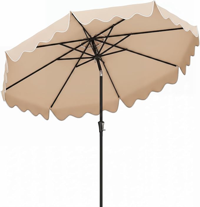 Tangkula 9Ft Patio Umbrella with Crank, 2-Tier Outdoor Umbrella with Push Button Tilt, Sun-Protective Canopy, 8 Ribs, Scalloped Patio Umbrella for Outdoor Beach Deck Pool Table (Beige)