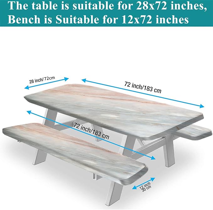 Marble Picnic Table and Bench Fitted Tablecloth Cover, Peach Grey Onyx Stone Elastic Edge Fitted Tablecloth Set for Outdoor, Park, Patio, Camping Use, Pink, 72x28 in