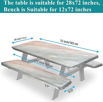 Marble Picnic Table and Bench Fitted Tablecloth Cover, Peach Grey Onyx Stone Elastic Edge Fitted Tablecloth Set for Outdoor, Park, Patio, Camping Use, Pink, 72x28 in