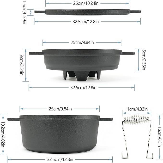 HAWOK 5 piece Stove Set, Pre-Seasoned Cast Iron Charcoal Grill Stove with 4QT Dutch Oven, with Multipurpose Lid, Five-Leg Buffet Tray, Multipurpose BBQ Stove Set