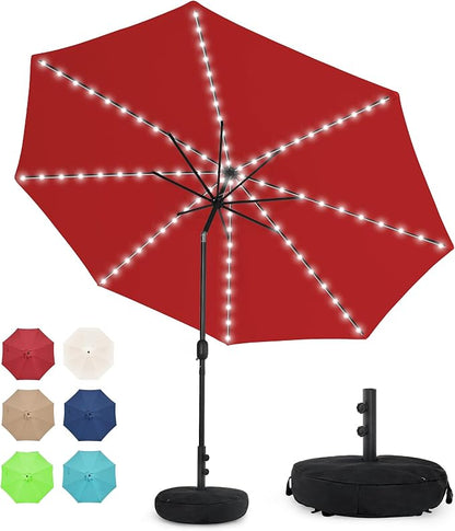 Sundale Outdoor 88 LED 10 FT Solar Patio Umbrella with Base, Red | Sand Bag Umbrella Base, Tilt, Crank, Solar Lights