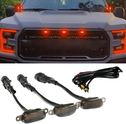 Red LED Grille Light Kit, LED Bumper Hood Lights, Compatible with Ford F-150 Raptor Style Grille 2004-2019 (Aftermarket), 3PCS (Smoked Cover/Red LED Lights)