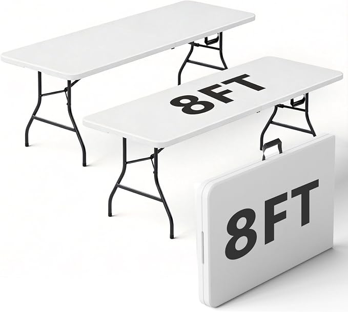 2 Pack 8FT Folding Table, Foldable Picnic Table with Carrying Handle, Heavy Duty Fold-in-Half Portable Table for Weddings, Camping, RV Travel, Parties, and Indoor Use, Easy to Fold and Store, White