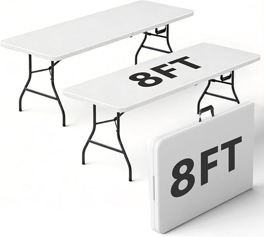 2 Pack 8FT Folding Table, Foldable Picnic Table with Carrying Handle, Heavy Duty Fold-in-Half Portable Table for Weddings, Camping, RV Travel, Parties, and Indoor Use, Easy to Fold and Store, White