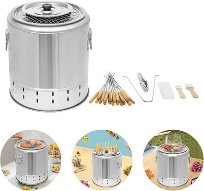 Portable Smokeless Barbecue Barrel, Stainless Steel Barbecue Barrel BBQ Charcoal Grill for Picnics, Camping, Traveling, Parties, Beaches, Gardens 13.39 * 14.17"