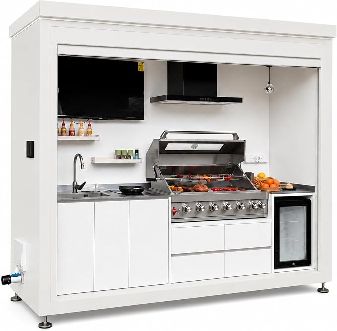 Sunnyjoy Modular Outdoor Kitchen MAX, Premium Aluminum Cabinet System-2 | Max roll-up shade version with grill, sink & storage, durable weather-resistant design, includes roll-up set for protection