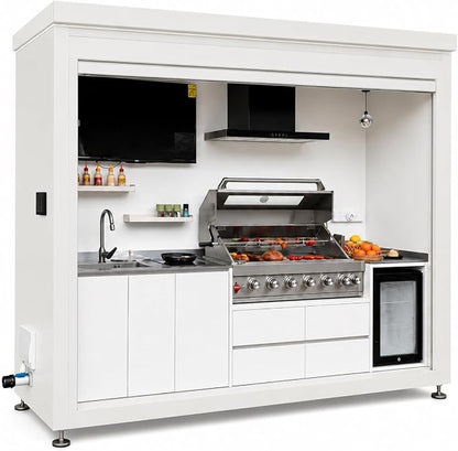 Sunnyjoy Modular Outdoor Kitchen MAX, Premium Aluminum Cabinet System-2 | Max roll-up shade version with grill, sink & storage, durable weather-resistant design, includes roll-up set for protection