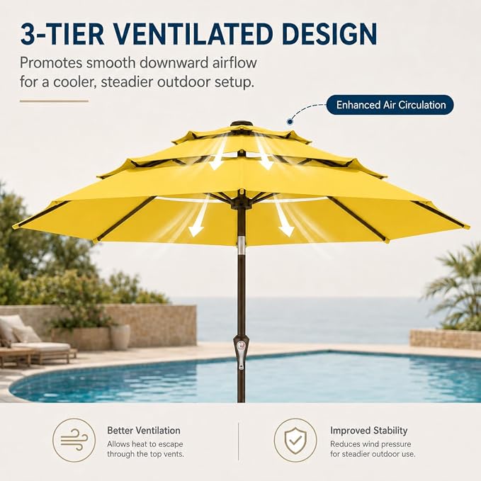 10ft Patio Umbrella, 3-Tier Vented Outdoor Table Umbrella with 8 Sturdy Fiberglass Ribs, Windproof Market Umbrella with Push Button Tilt and Crank, UV Protection for Deck, Pool, Sunshine Yellow