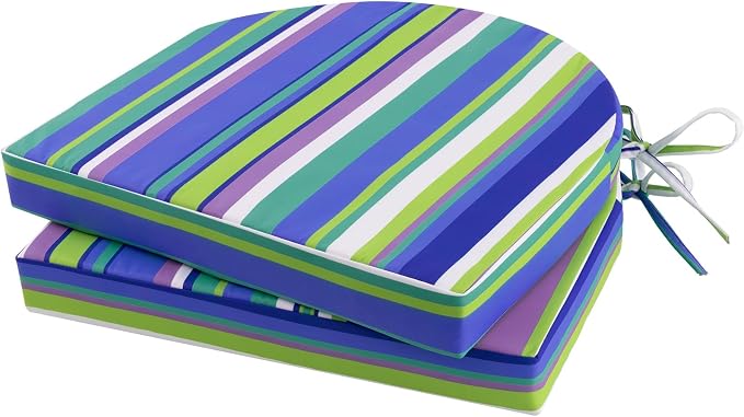 Topotdor Outdoor Chair Cushions Set of 2, Waterproof Patio Chair Cushions for Outdoor Furniture, Round Corner Seat Chair Pads with Ties for Patio Garden Dining Office, 17"x16"x2", Blue Stripe