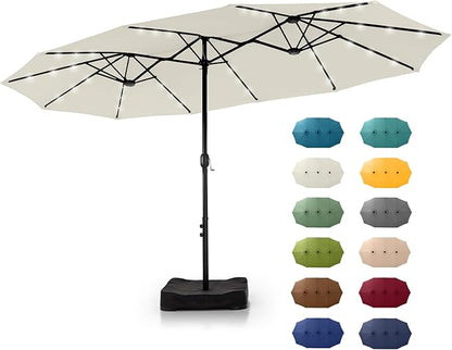 GREEN PARTY 15 ft Large Outdoor Patio Umbrella with Solar Led Lights & Base Included, Double-Sided Rectangular Table Umbrella with Stand, Market Umbrellas for Deck Poolside Garden Backyard, Ivory