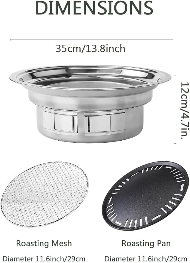 Korean Charcoal Grill 13.8 Inches Stainless Steel Tabletop BBQ Grill Stove Outdoor Camping Cooker, Tabletop Smoker Grill BBQ Grill for Patio Garden Backyard