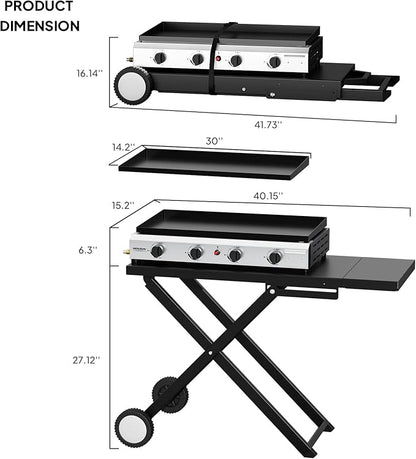 Bonnlo Foldable Flat Top Grill with 4 Burner, Powerful 40,000 BTU Propane Gas Grills with Ignition, Enamel Griddle, Side Shelf & Portable Cart with Wheels for Outdoor Camping Hibachi Grill Use