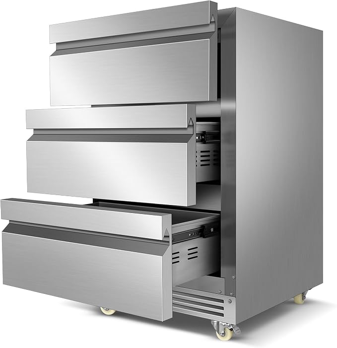24" Stainless Steel Undercounter Beverage Fridge, 3-Drawer with Wheels | Waterproof design, Adjustable temperature, for home bar garage patio, Digital thermostat, Built-in or freestanding