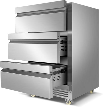 24" Stainless Steel Undercounter Beverage Fridge, 3-Drawer with Wheels | Waterproof design, Adjustable temperature, for home bar garage patio, Digital thermostat, Built-in or freestanding