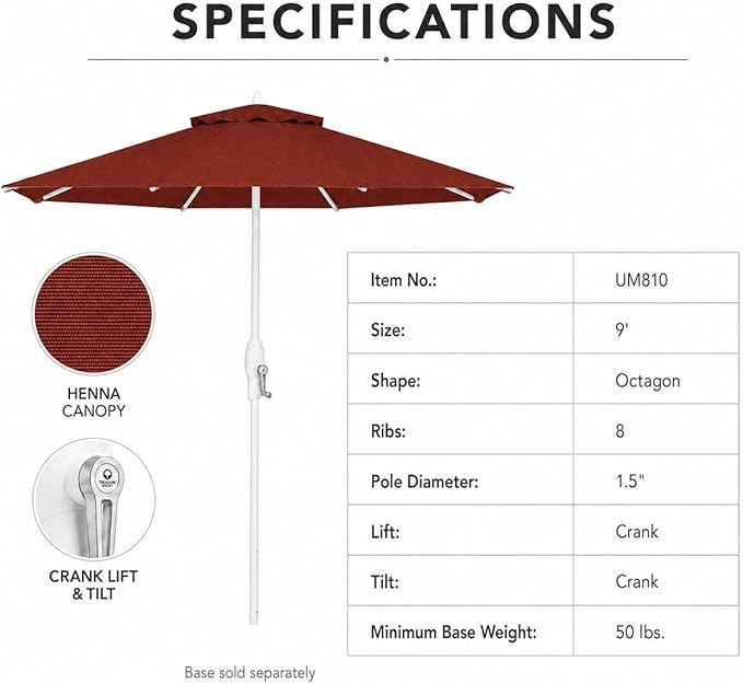 Treasure Garden 9ft Patio Umbrella - Outdoor Furniture Market Umbrella – Deluxe Auto-Tilt – White Aluminum Frame (Sunbrella, Henna)
