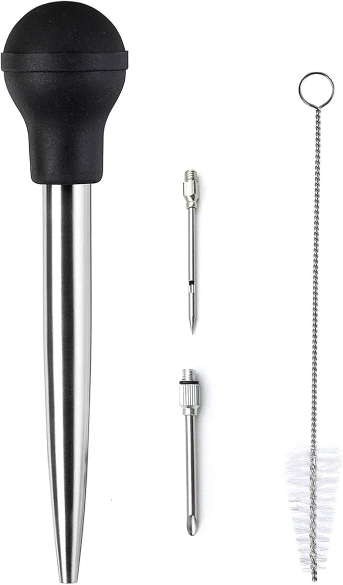 Stainless Steel Turkey Baster With Cleaning Brush - Food Grade Syringe Baster For Cooking & Basting With 2 Marinade Injector Needles - Ideal For Butter Dripping, Roasting Juices For Poultry (Black)
