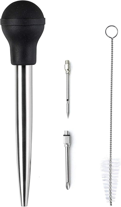 Stainless Steel Turkey Baster With Cleaning Brush - Food Grade Syringe Baster For Cooking & Basting With 2 Marinade Injector Needles - Ideal For Butter Dripping, Roasting Juices For Poultry (Black)