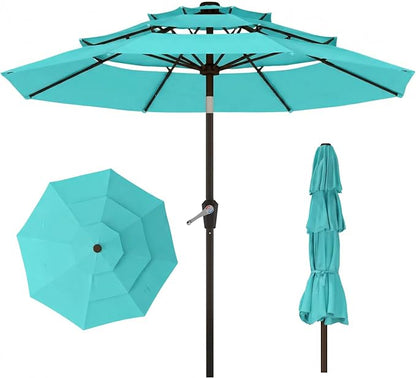 10ft 3 Tier Patio Umbrella, Outdoor Market Table Umbrella with UPF 50+ Vented Canopy, 8 Sturdy Ribs, Easy Push Button Tilt and Crank, Windproof for Deck, Pool, Backyard and Garden