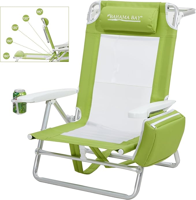 Old Bahama Bay Backpack Beach Chair, Aluminum Lightweight Reclining 5-Position Lounge Chair for Adults Heavy Duty Support 400 LBS Portable Folding with Cooler Bag Camping Chair for Sand Outdoor