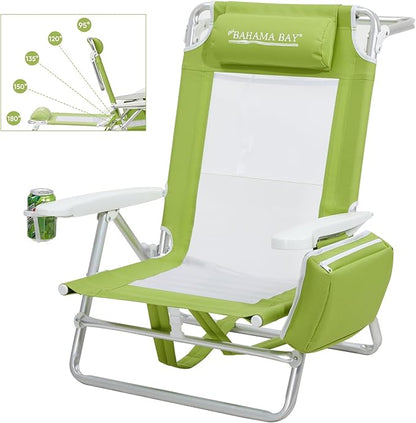 Old Bahama Bay Backpack Beach Chair, Aluminum Lightweight Reclining 5-Position Lounge Chair for Adults Heavy Duty Support 400 LBS Portable Folding with Cooler Bag Camping Chair for Sand Outdoor