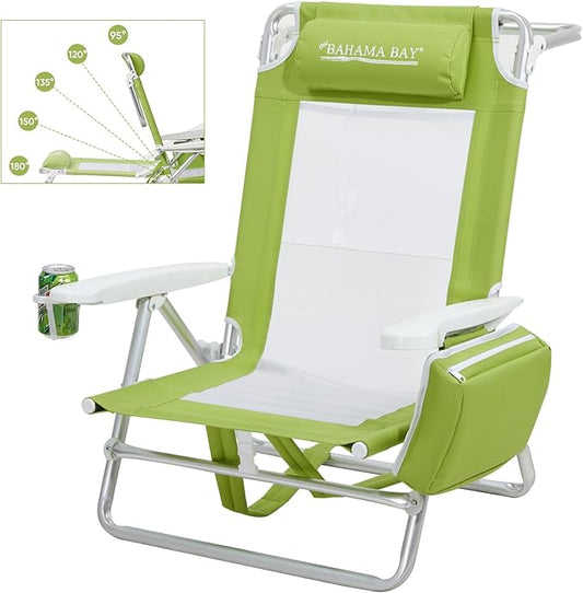 Old Bahama Bay Backpack Beach Chair, Aluminum Lightweight Reclining 5-Position Lounge Chair for Adults Heavy Duty Support 400 LBS Portable Folding with Cooler Bag Camping Chair for Sand Outdoor