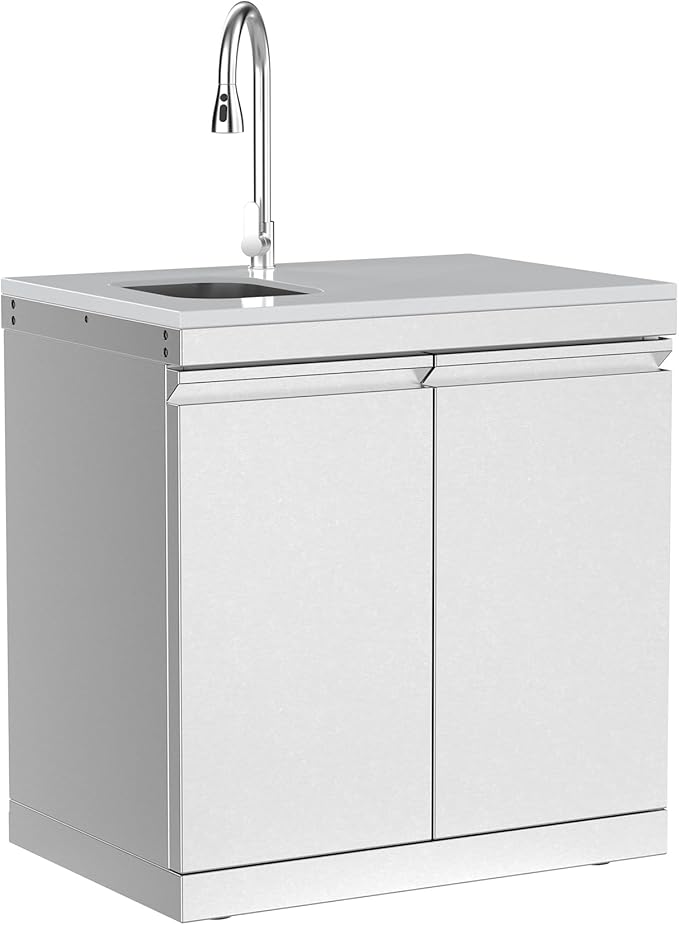 Stainless Steel Double Door Outdoor Sink Cabinet, White Quartz Countertop, Hidden Handle, Pull-Down Faucet, Large Storage, Modular BBQ Island Prep Sink for Patio - White