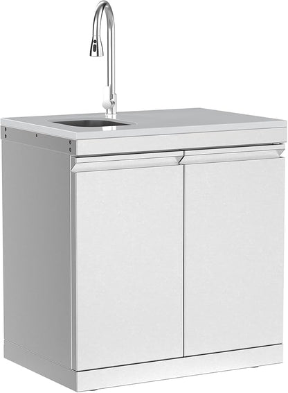 Stainless Steel Double Door Outdoor Sink Cabinet, White Quartz Countertop, Hidden Handle, Pull-Down Faucet, Large Storage, Modular BBQ Island Prep Sink for Patio - White