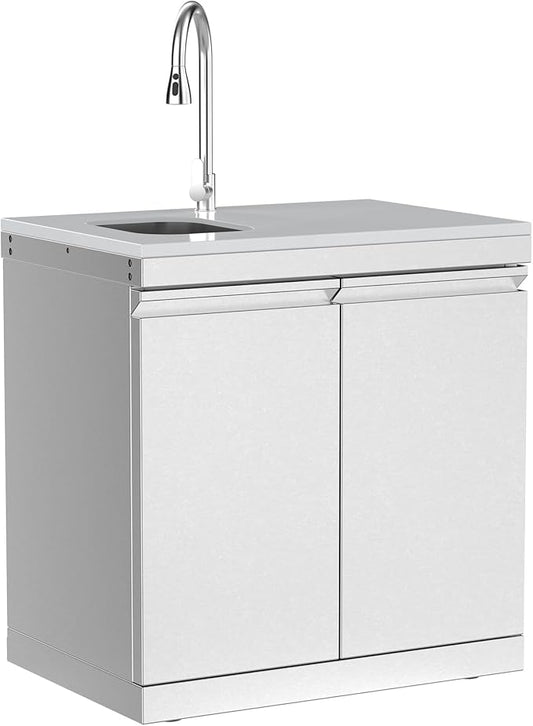 Stainless Steel Double Door Outdoor Sink Cabinet, White Quartz Countertop, Hidden Handle, Pull-Down Faucet, Large Storage, Modular BBQ Island Prep Sink for Patio - White