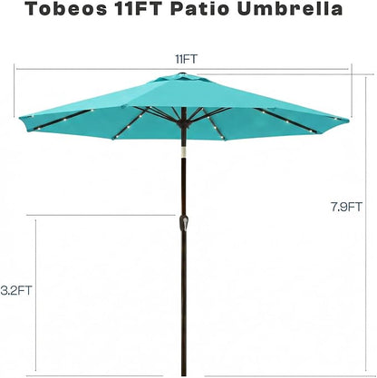 11FT Solar Lighted Patio Umbrella, Outdoor Table Market Umbrellas with Crank Lift, 32 LED Lights, 8 Sturdy Ribs, UV-Resistant for Deck, Garden, Pool