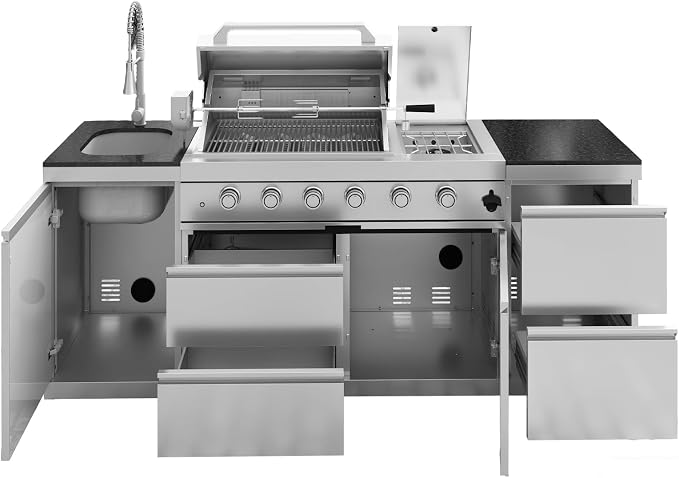 85-Inch 4-Burner 72000 BTU Stainless Steel Outdoor Kitchen Island Propane Gas Grill with Rotisserie Kit Granite Countertops Sink for Backyard Entertaining, Silver