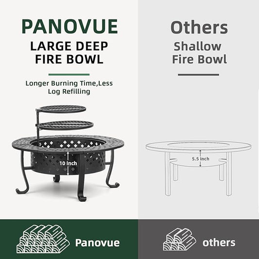 Panovue 42 Inch Fire Pit with 2 BBQ Grills, Wood Burning Fire Pits for Outside with Lid & Fire Poker, BBQ& Outdoor Firepit & Round Metal Table 3 in 1 for Patio, Picnic, Party