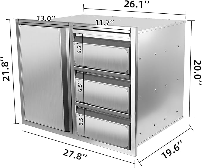 Outdoor Kitchen Drawer Combo, Stainless Steel Sealed Storage Combo with Triple Drawer, Outdoor Kitchen for BBQ Island, Grilling Station, Outside Cabinet (27.8" W x 21.8" D x 19.6" H)（Right Drawer）