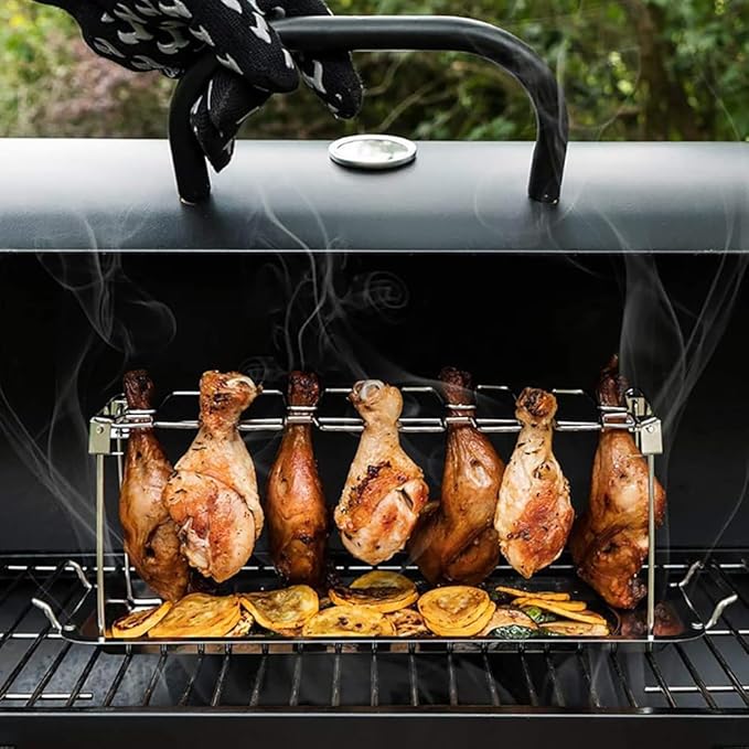 Triceratops Chicken Leg and Wing Rack with Drip Pan, 14 Slots BBQ Chicken Drumsticks Holder Stainless Steel Roaster Stand for Smoker Grill, Oven, Charcoal Grill