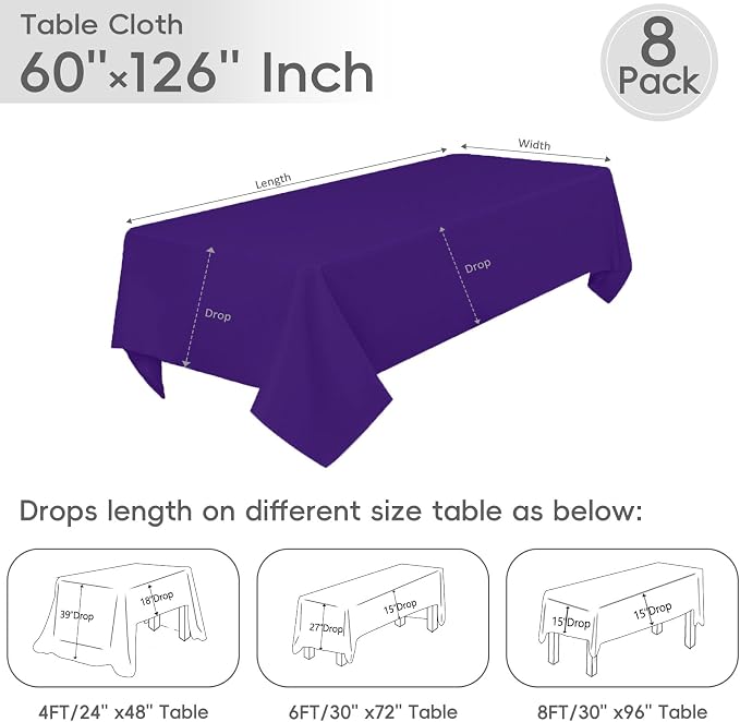 8 Pack Purple Tablecloth 60 x 126 Inch Rectangle For 8 Foot Tables | Wrinkle Resistant, Washable Polyester Fabric, Rectangular Table Cloth for Wedding Party Banquet Buffet and Camping