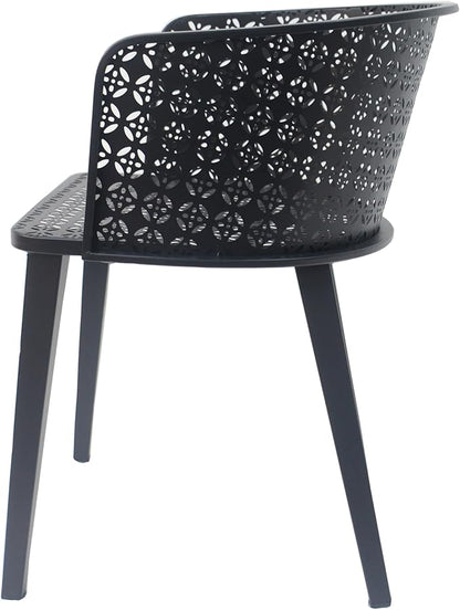 Christopher Knight Home Set of 2 Rivera Patio Iron Frame Dining Chairs, Geometric-Carved Pattern Round Backrest, Armchair for Kitchen, Restaurant, Garden, Balcony, Porch, Backyard, Poolside, Black